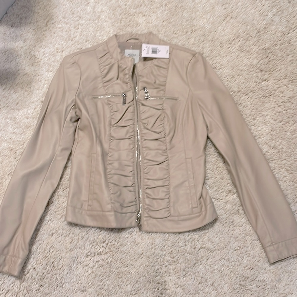 New Guess Womens Jacket coat fake leather nude cream beige silver small ruching